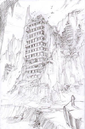 Darksiders cliff buildings concept art