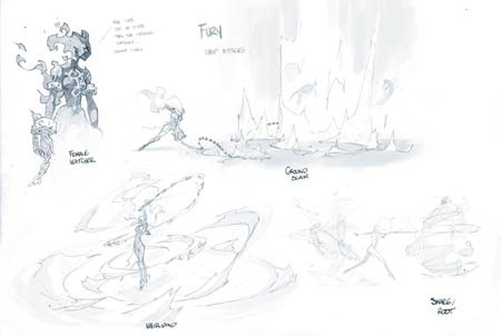 Darksiders 3 Fury's attacks and her watcher concept art (Pencil)