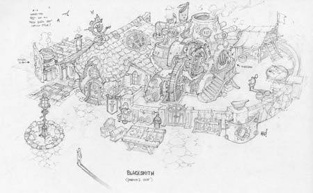 Dungeon Runners blacksmith gareth's shop concept art (Pencil)