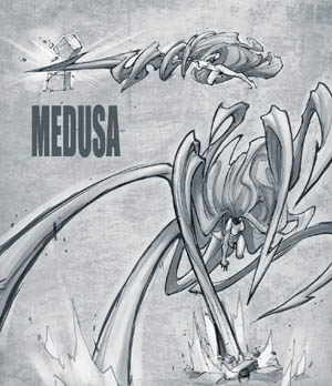 Medusa (Inhuman) concept art: hair spike attack (Sketch)