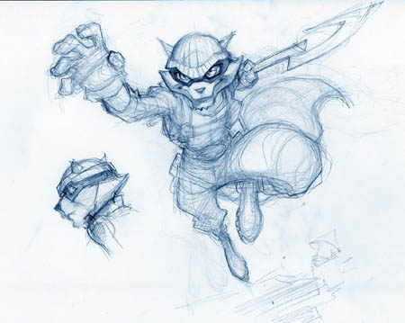 sly Cooper portrait and leaping from roof concept art sketch